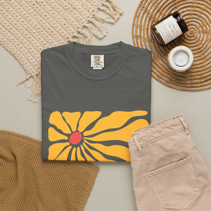 Minimal Yellow Floral Graphic Garment-Dyed Women's T-Shirt