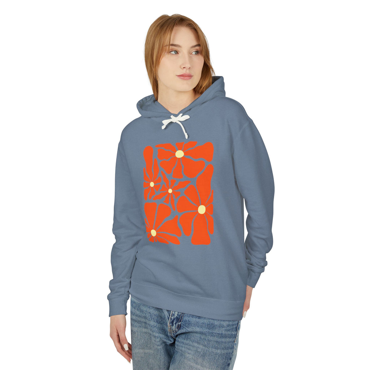 Retro Orange Floral Lightweight Women's Hooded Sweatshirt