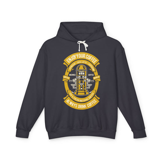 "Enjoy Your Coffee" Retro Espresso Machine Lightweight Hooded Sweatshirt