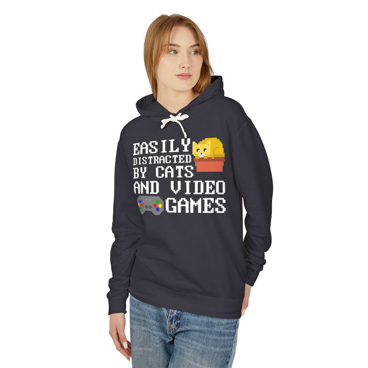 Easily Distracted By Cats And Video Games Lightweight Hooded Sweatshirt
