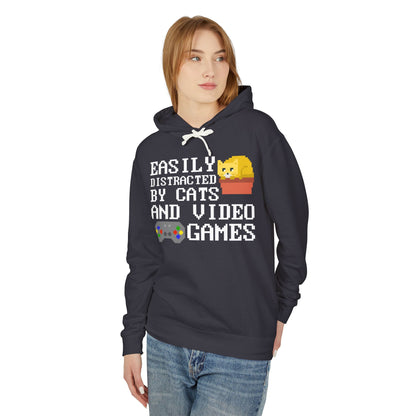 Easily Distracted By Cats And Video Games Lightweight Hooded Sweatshirt