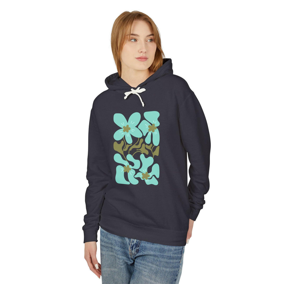 Teal Flower Graphic Lightweight Women's Hooded Sweatshirt