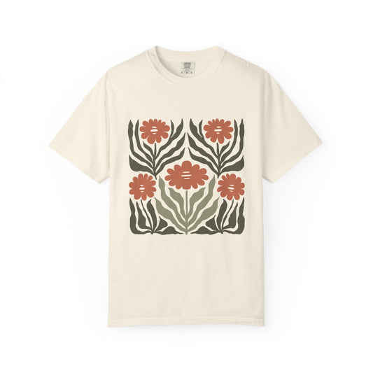 Rustic Flower Print Garment-Dyed Women's T-Shirt