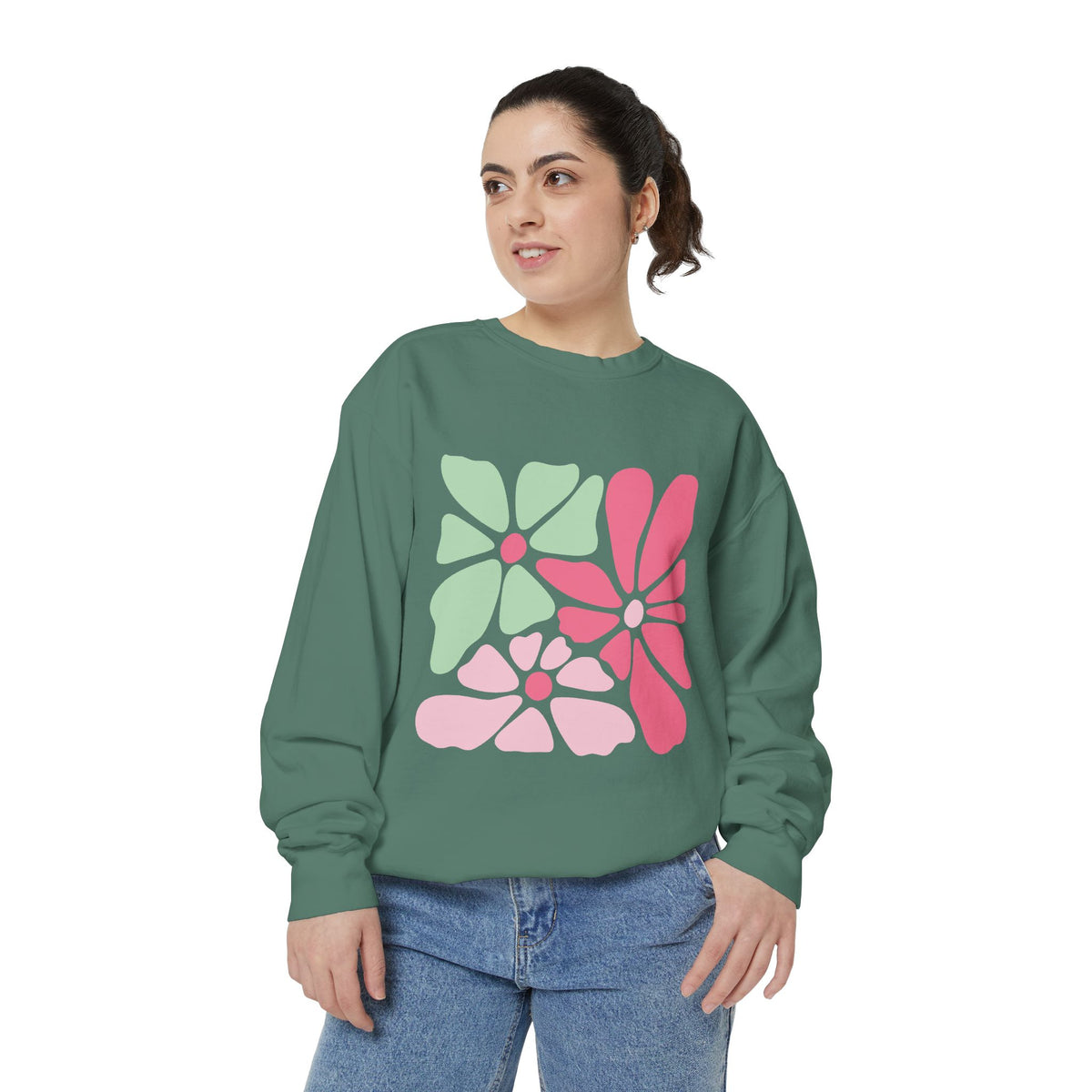 Floral Retro Block Print Garment-Dyed Women's Sweatshirt