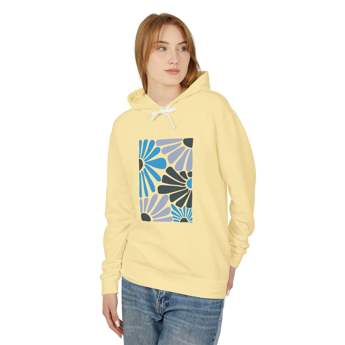 Abstract Blue Floral Pattern Lightweight Women's Hooded Sweatshirt