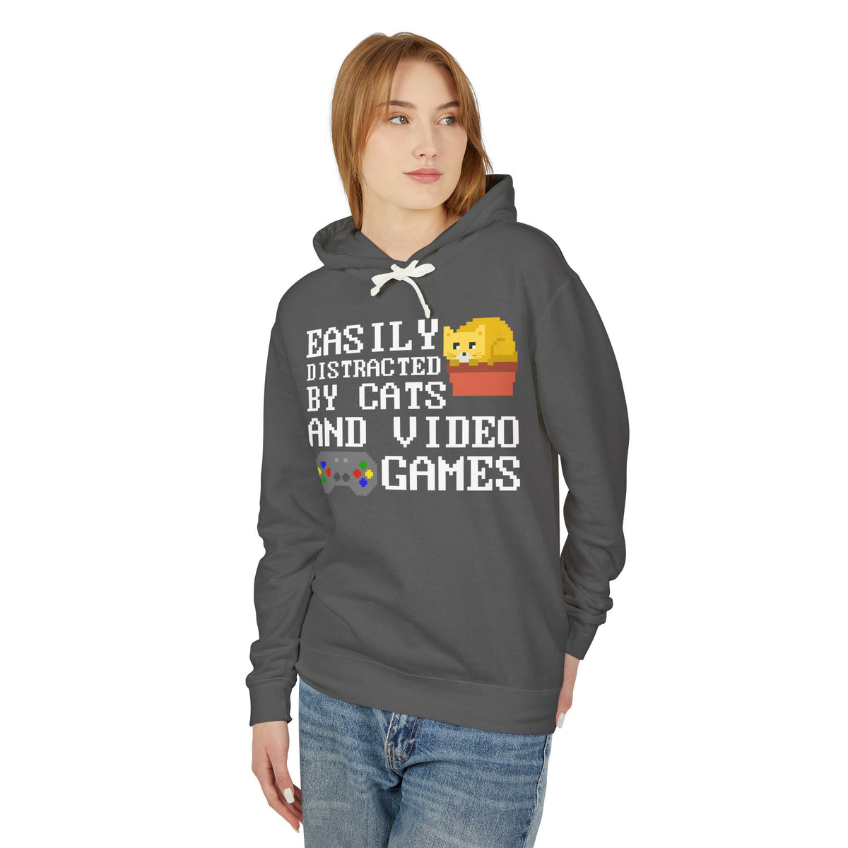 Easily Distracted By Cats And Video Games Lightweight Hooded Sweatshirt