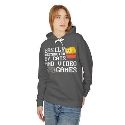 Easily Distracted By Cats And Video Games Lightweight Hooded Sweatshirt