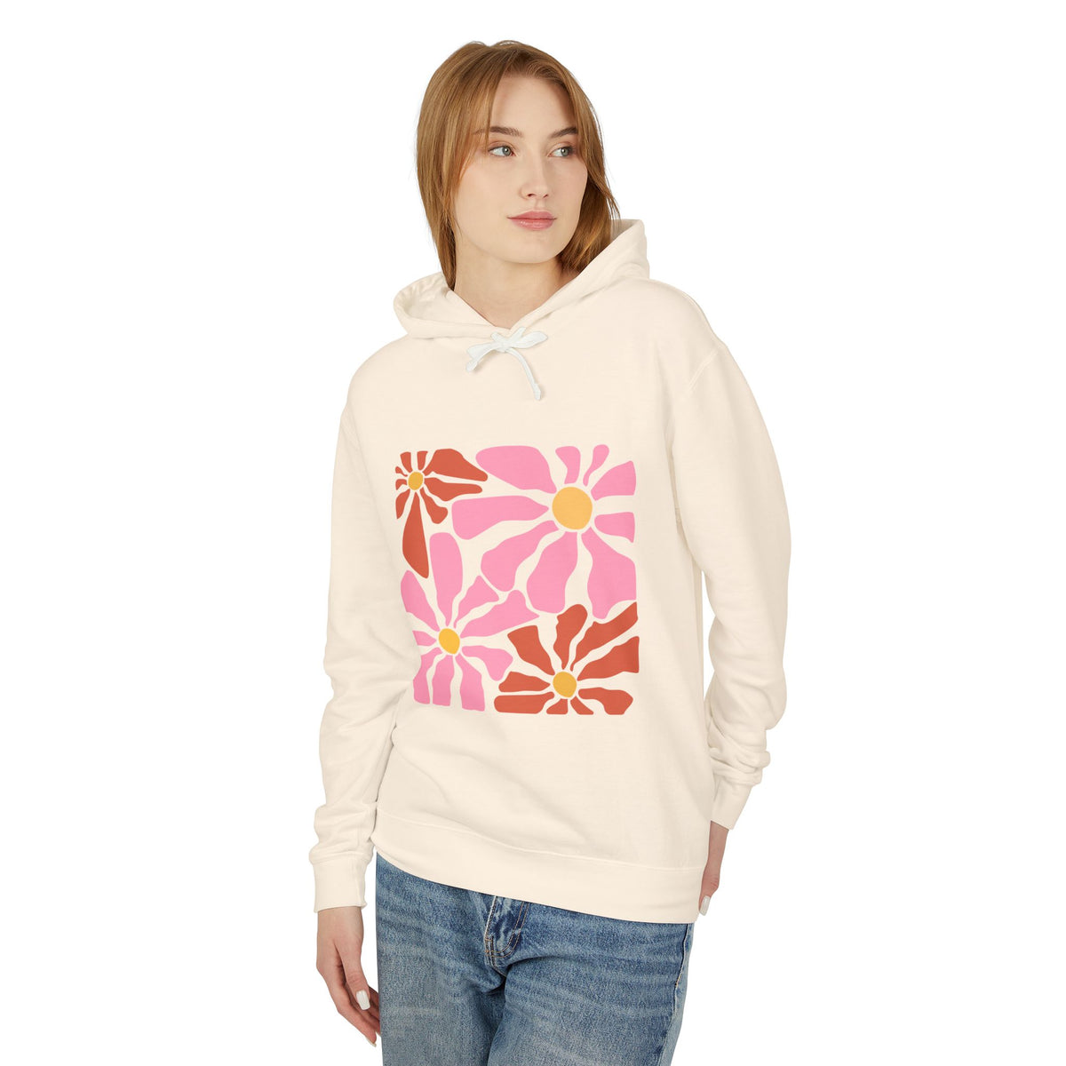 Retro Pink Daisy Graphic Lightweight Women's Hooded Sweatshirt