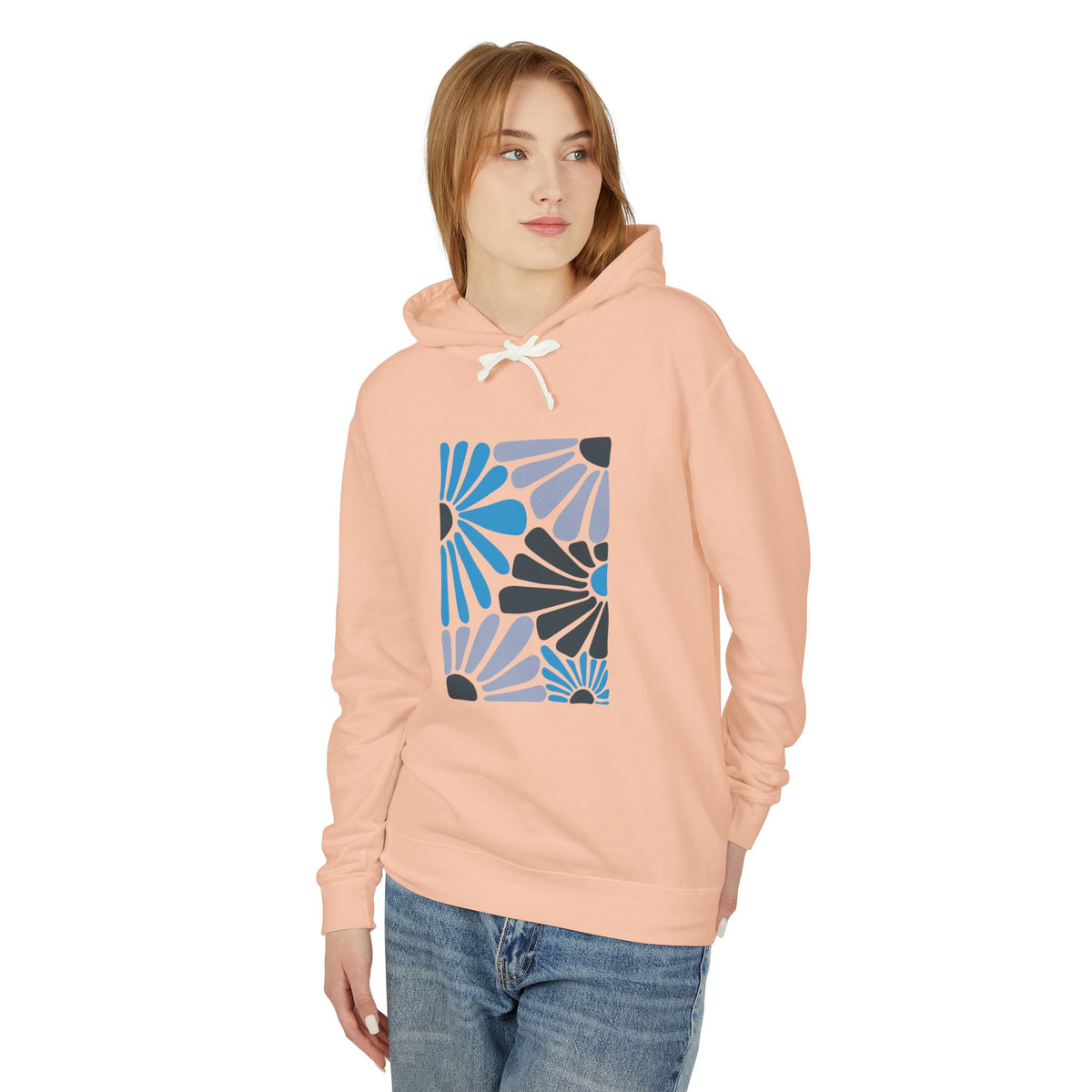 Abstract Blue Floral Pattern Lightweight Women's Hooded Sweatshirt