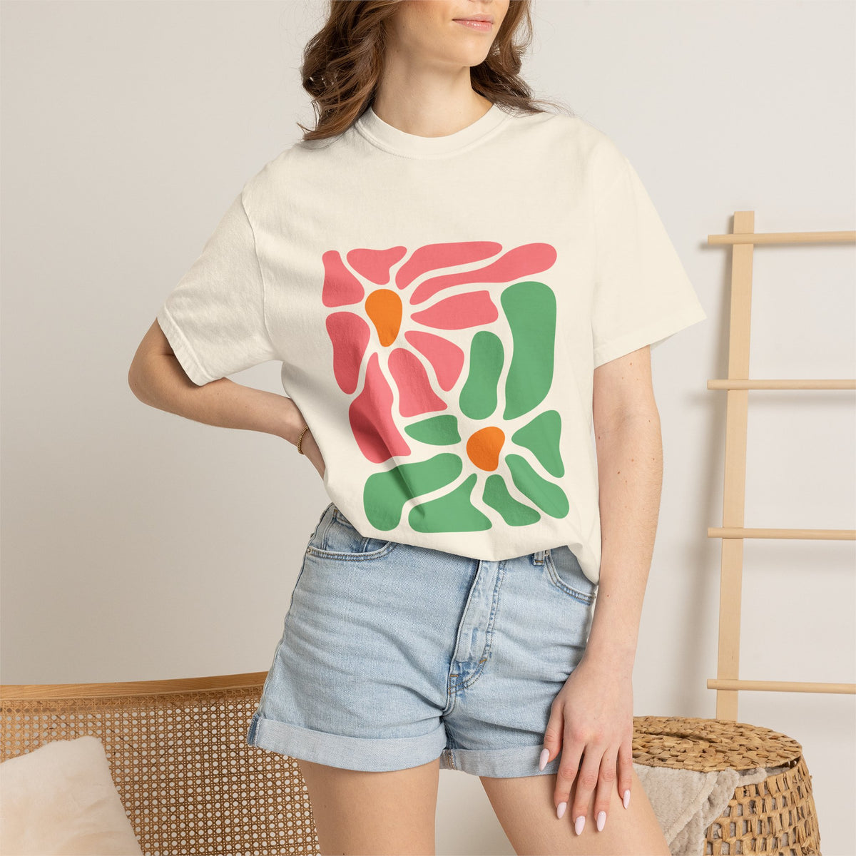 Abstract Pink & Green Flower Garment-Dyed Women's T-Shirt