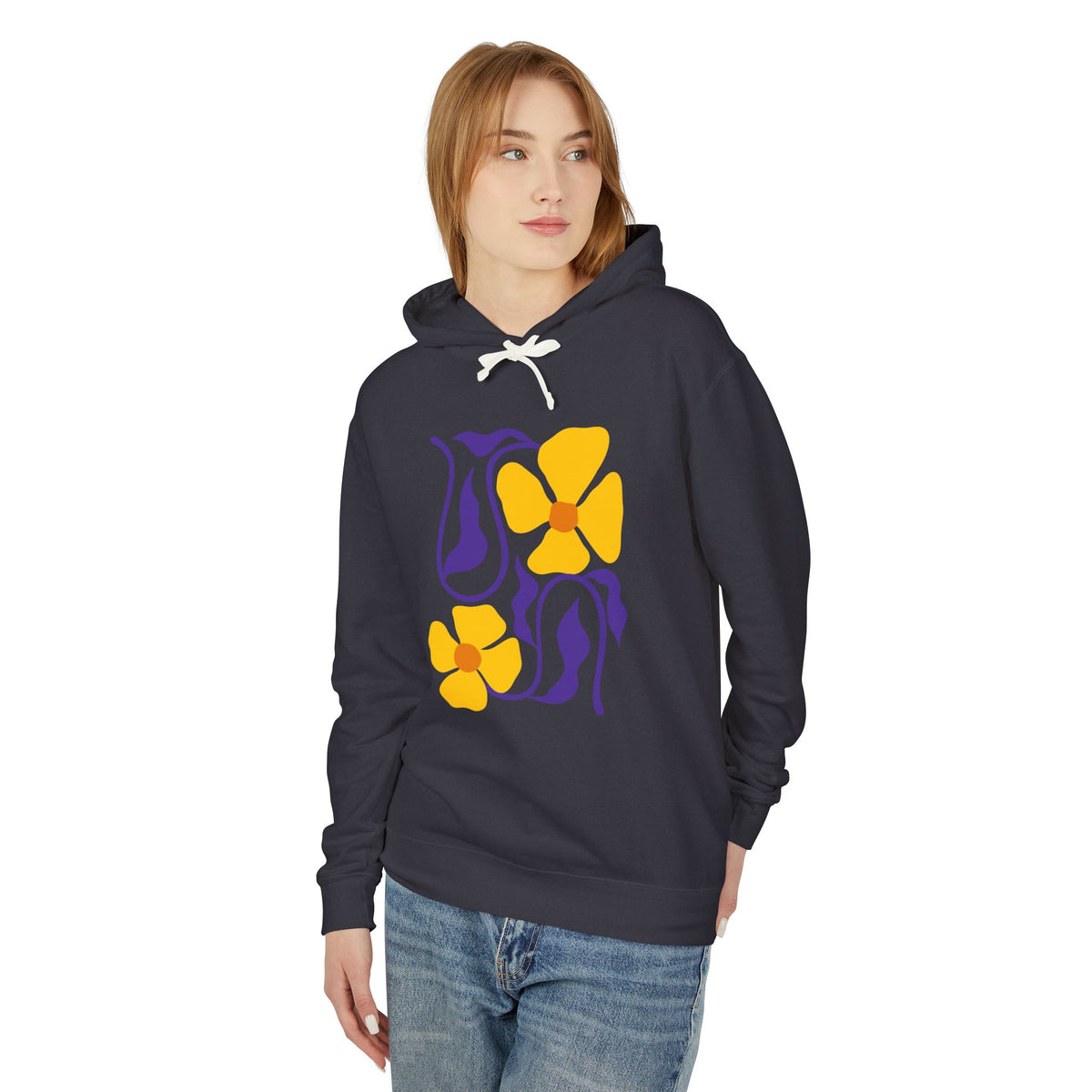 Yellow & Purple 70s-Inspired Flower Design Lightweight Women's Hooded Sweatshirt
