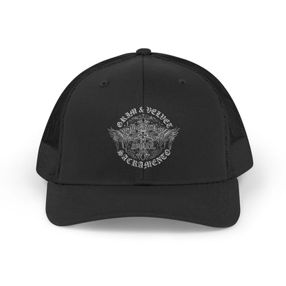 Black Snapback Trucker Cap with Vintage Skull Graphic