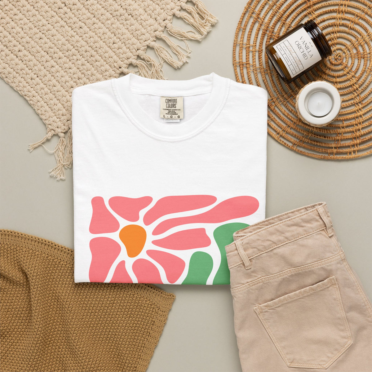 Abstract Pink & Green Flower Garment-Dyed Women's T-Shirt