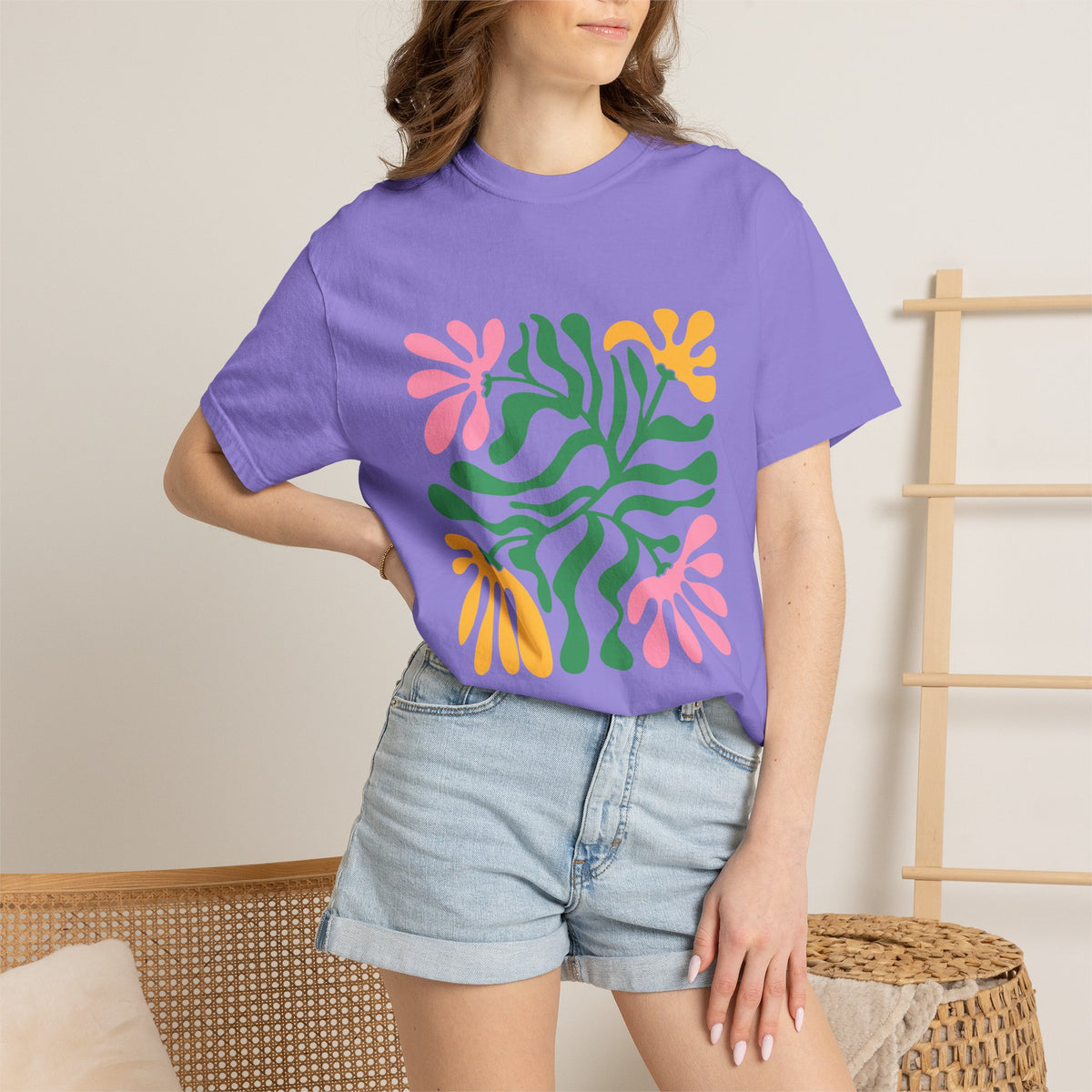 Floral Cutout Abstract Garment-Dyed Women's T-Shirt
