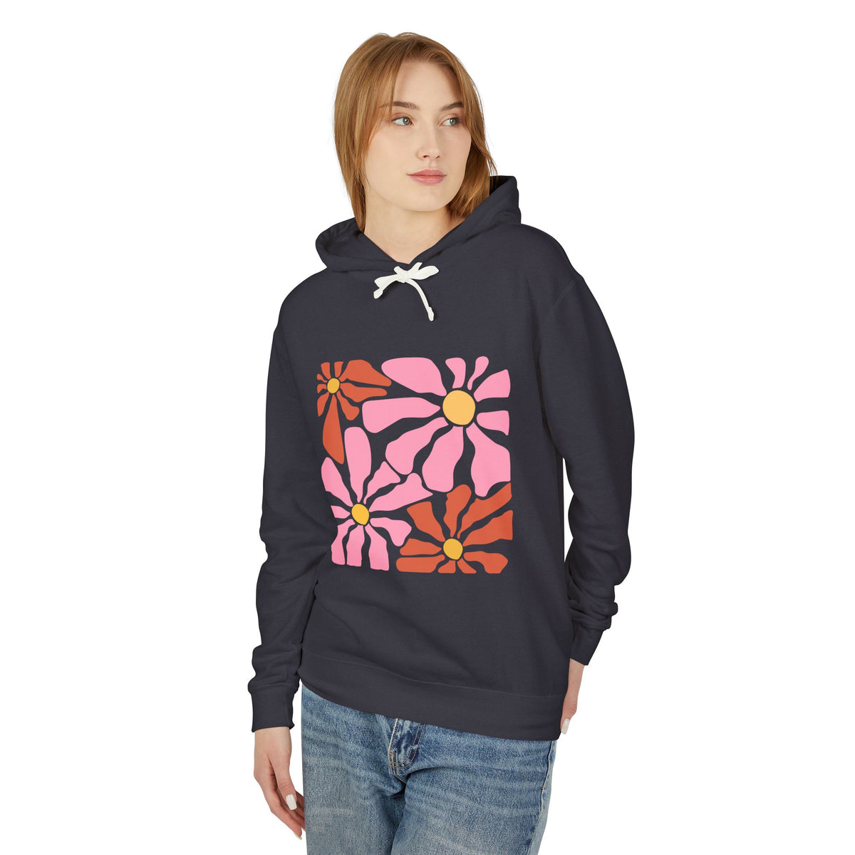 Retro Pink Daisy Graphic Lightweight Women's Hooded Sweatshirt