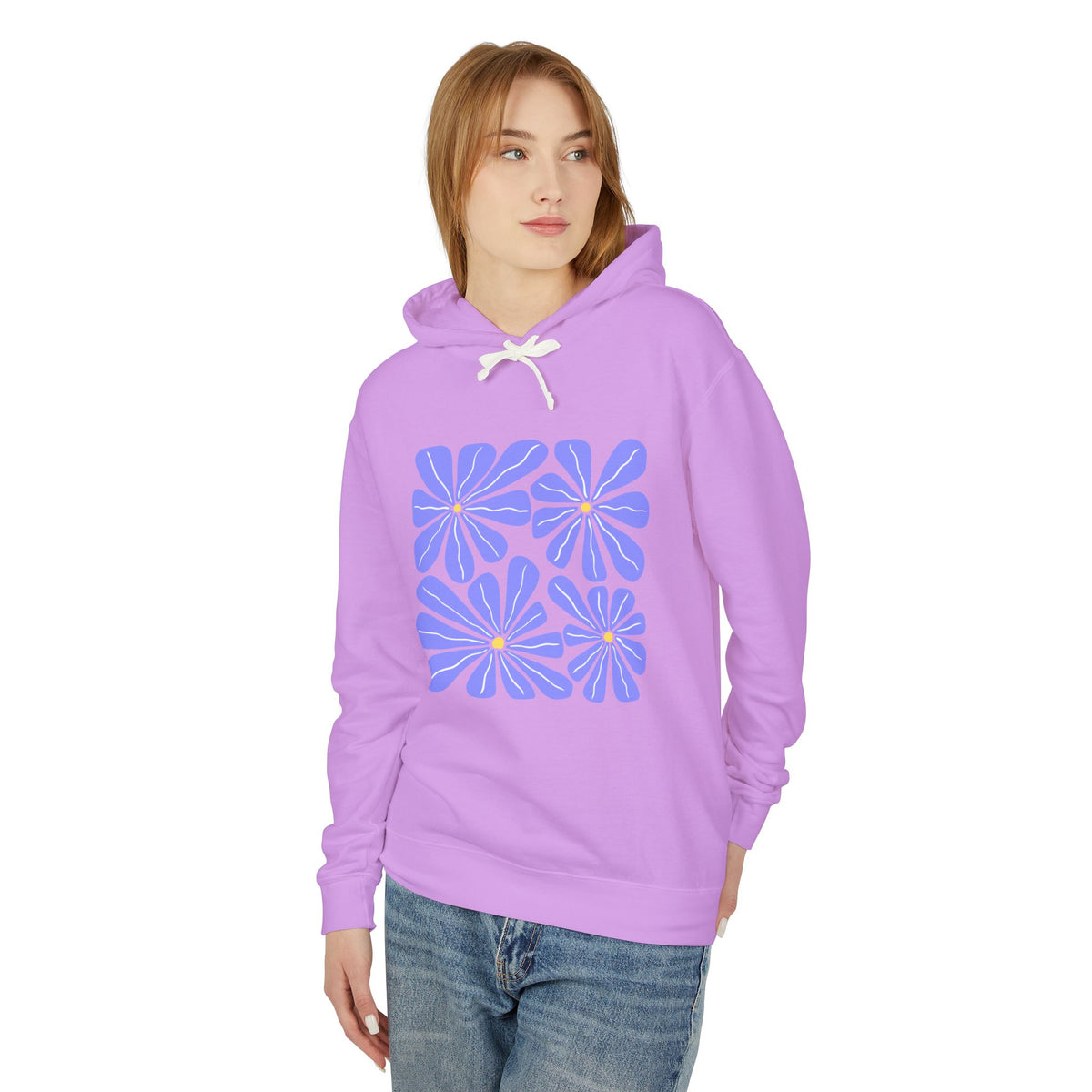 Lavender Daisy Graphic Lightweight Women's Hooded Sweatshirt