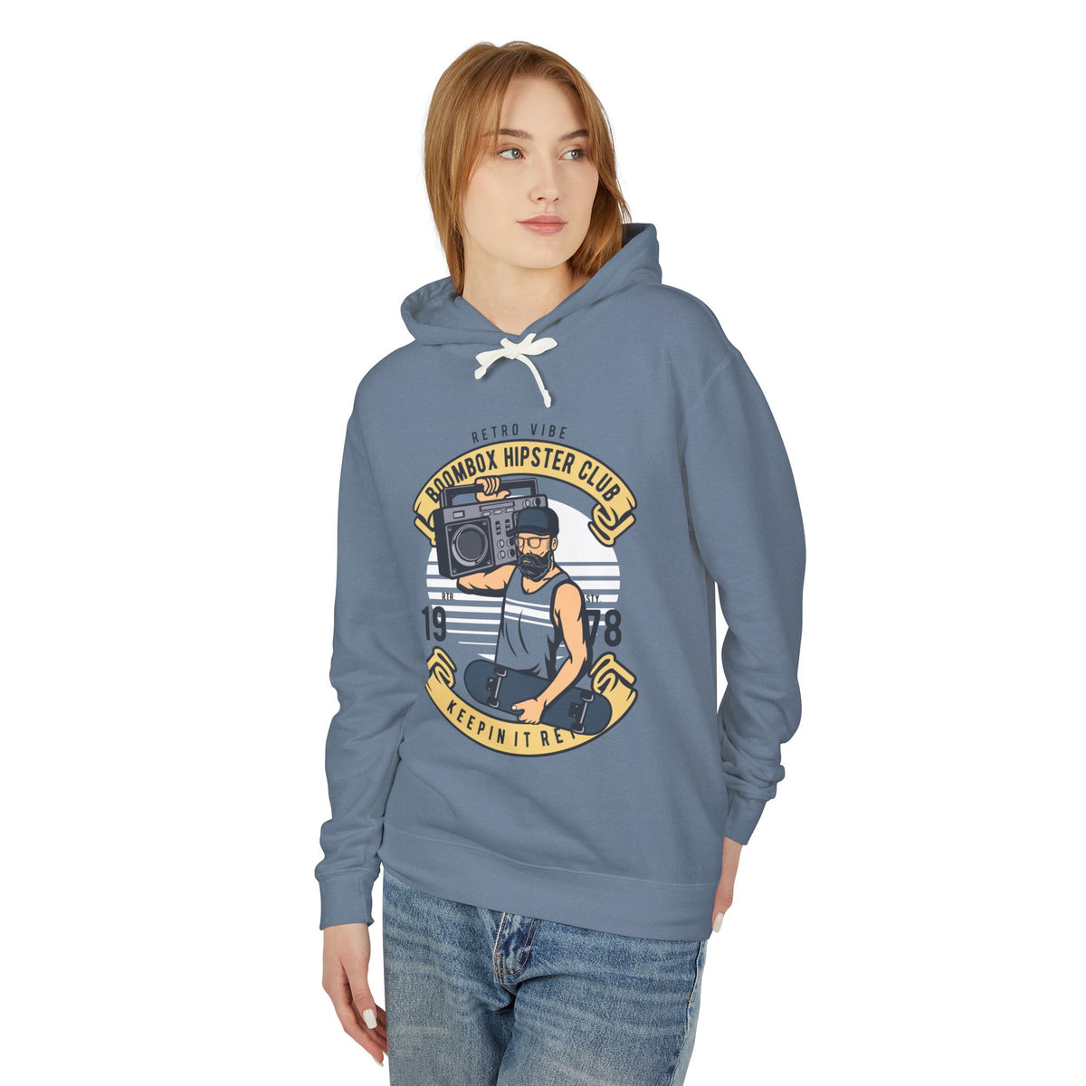 Retro Vibe Hipster Boombox Club Lightweight Hooded Sweatshirt