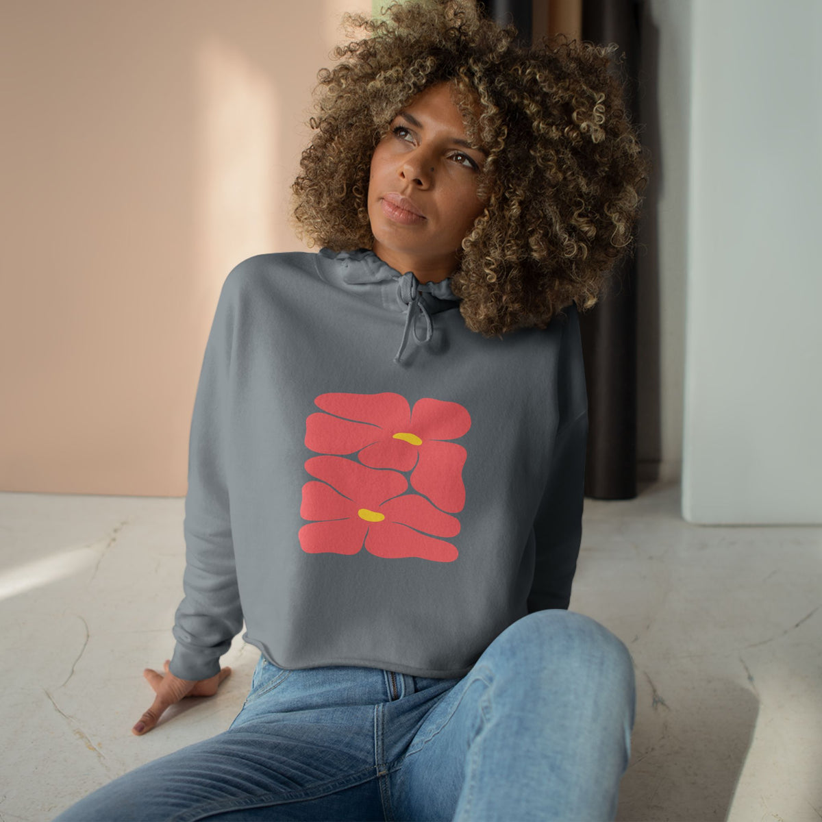 Pink Retro Flowers Graphic Crop Hoodie