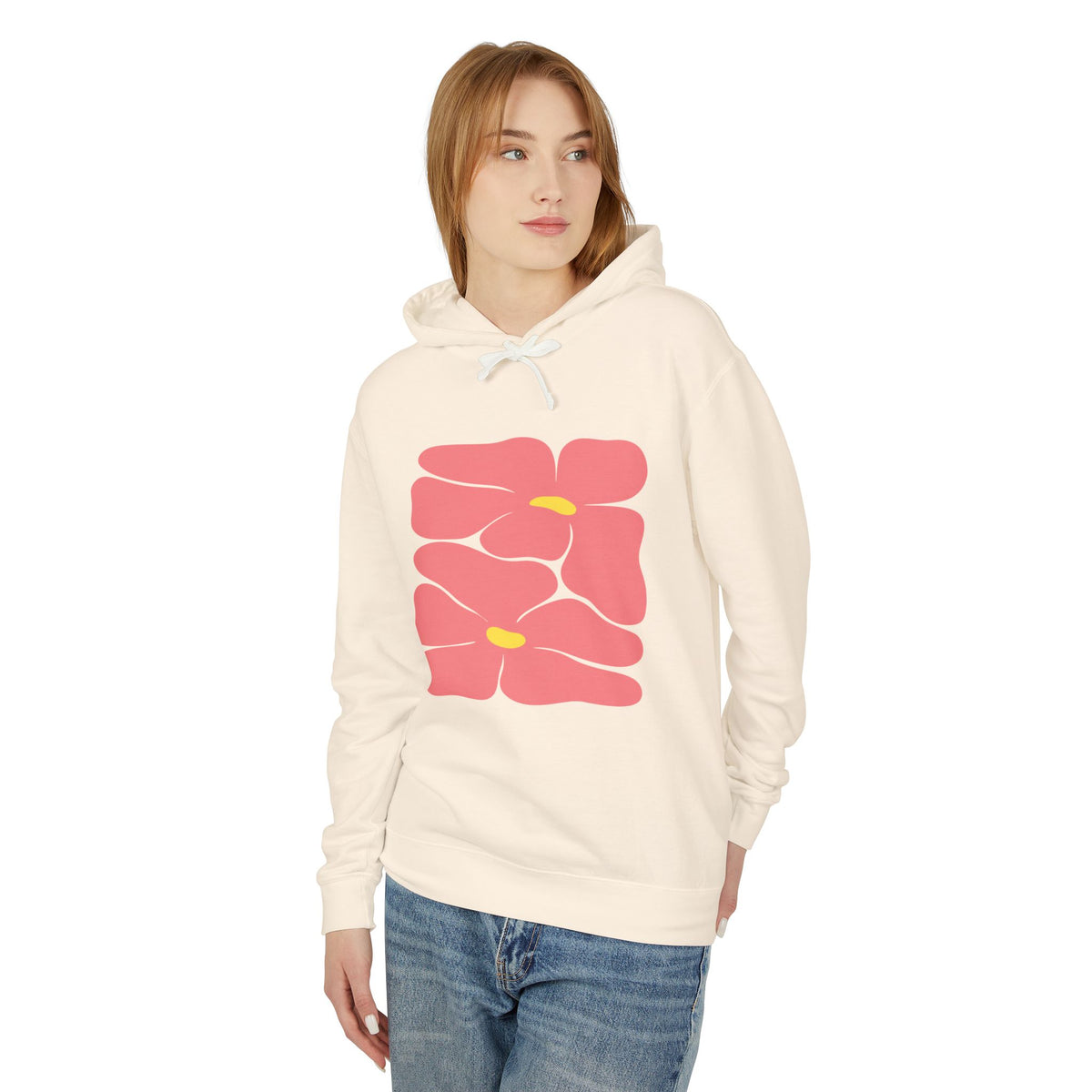 Pink Retro Flowers Graphic Lightweight Women's Hooded Sweatshirt