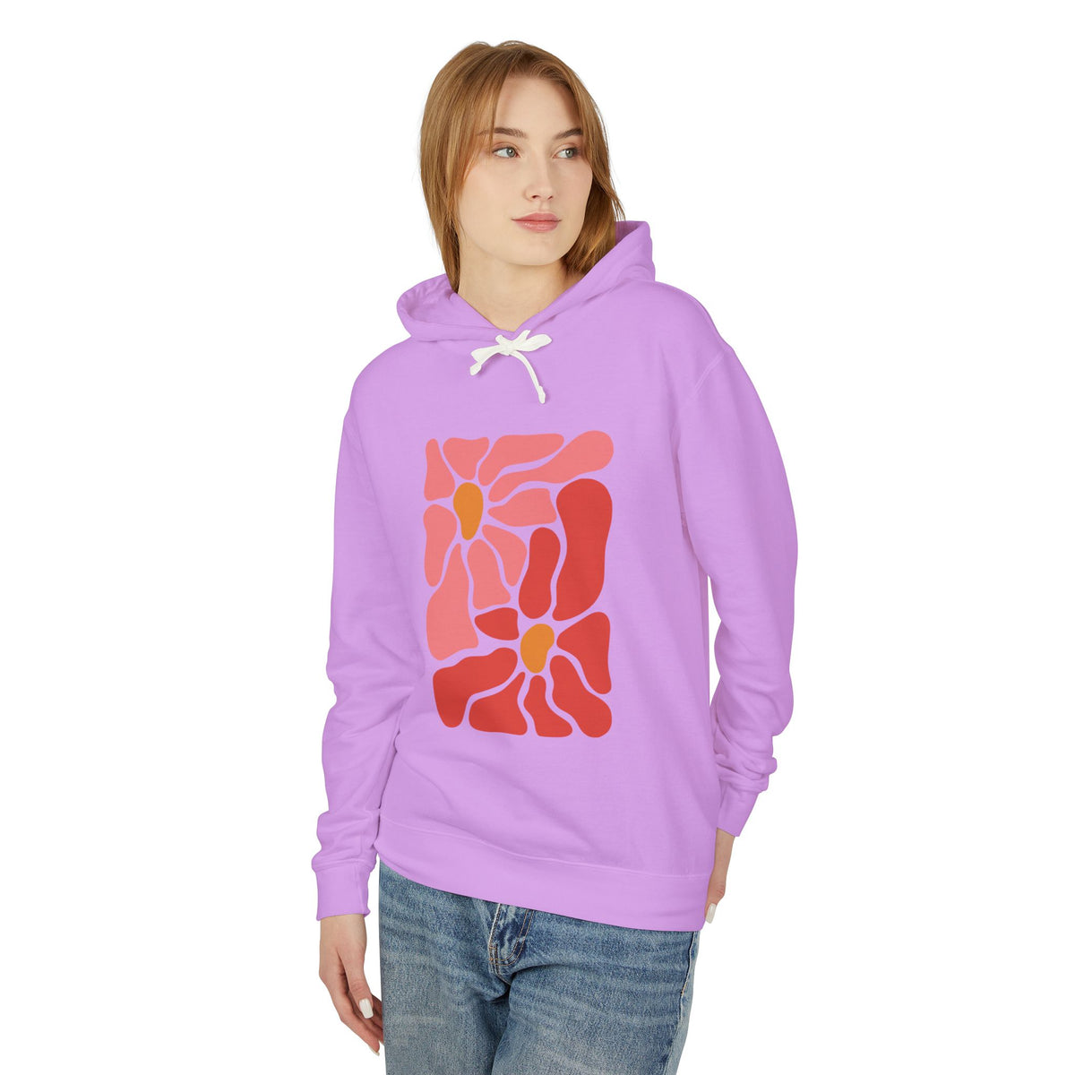 Pink Retro Flower Graphic Lightweight Women's Hooded Sweatshirt