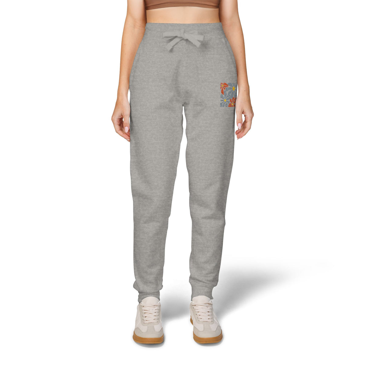 Retro Pink Daisy Graphic Embroidered Women's Fleece Sweatpants